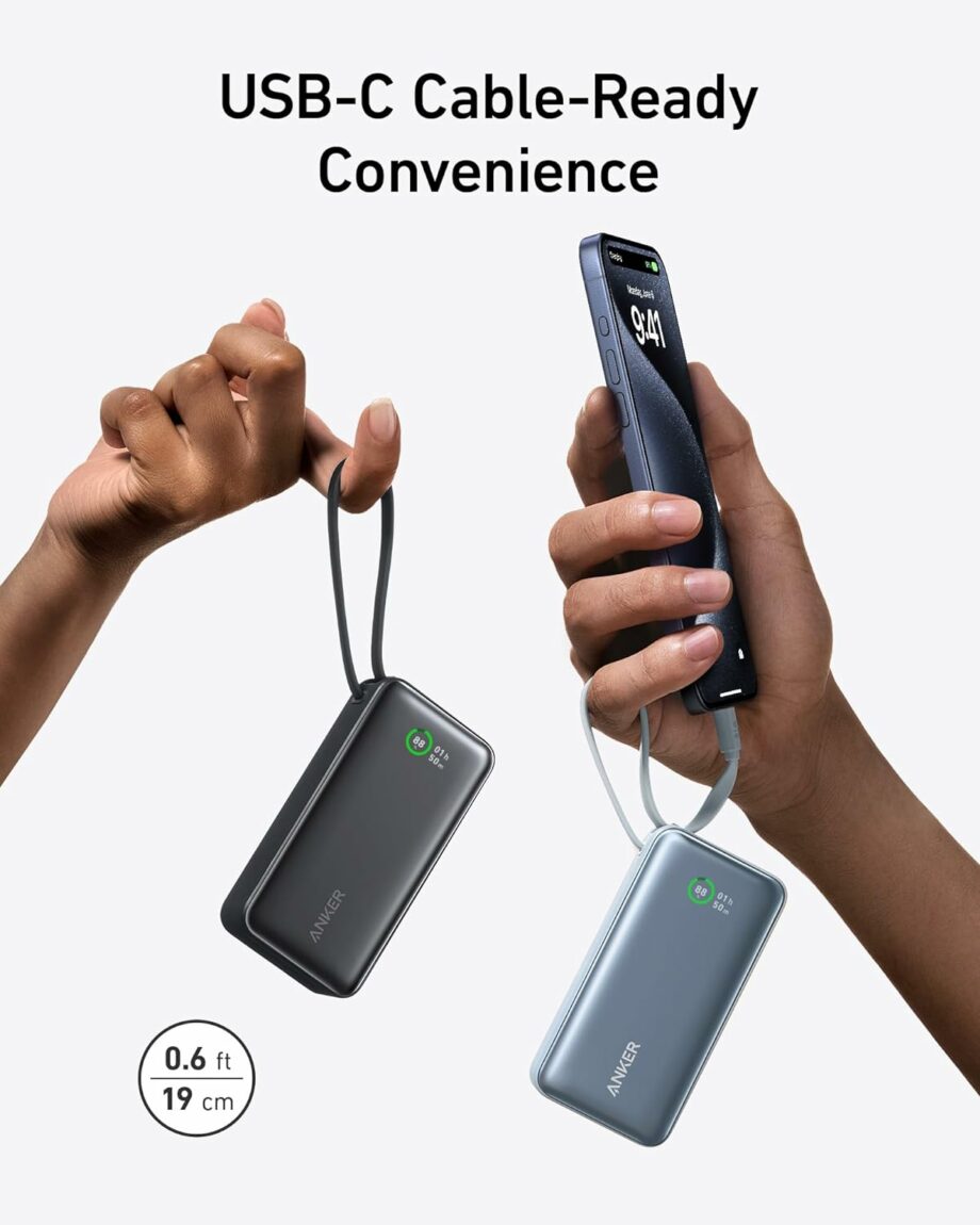 Anker Nano 10,000mAh 30W PD Power Bank with Built-in USB-C Cable - Shell White