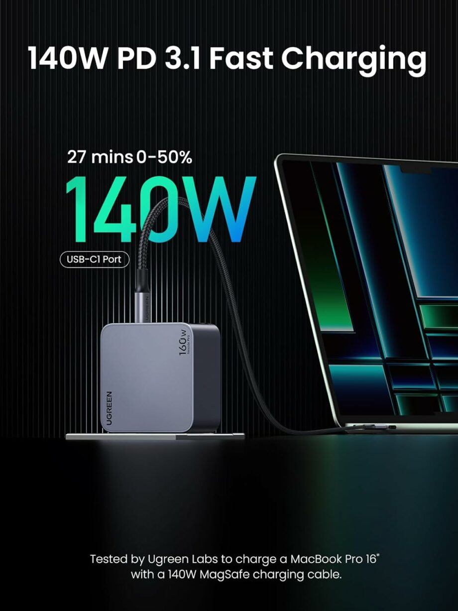 UGREEN Nexode Pro 160W USB C GaN 4-Ports Wall Charger with C to C Cable 1M