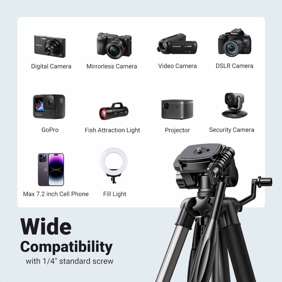 UGREEN Aluminium 53.5-175cm Height Tripod with Mobile Phone Holder and Travel Bag