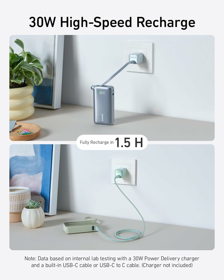 Anker Nano 10,000mAh 30W PD Power Bank with Built-in USB-C Cable - Shell White