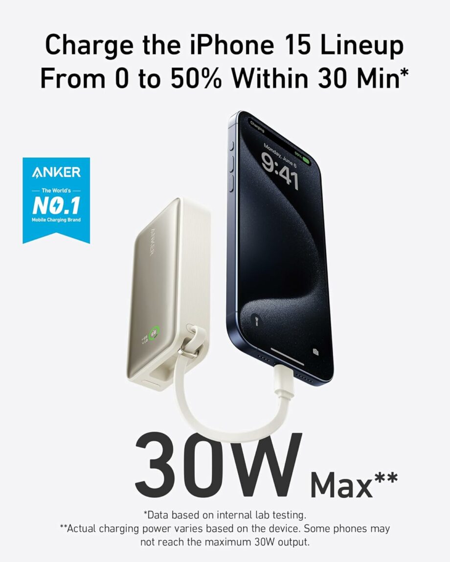 Anker Nano 10,000mAh 30W PD Power Bank with Built-in USB-C Cable - Shell White