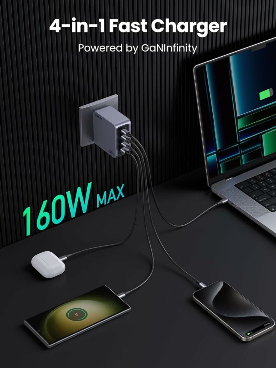 UGREEN Nexode Pro 160W USB C GaN 4-Ports Wall Charger with C to C Cable 1M