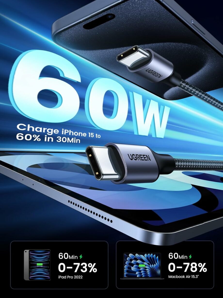 UGREEN 60W Braided USB C to USB C Cable 1M - Black