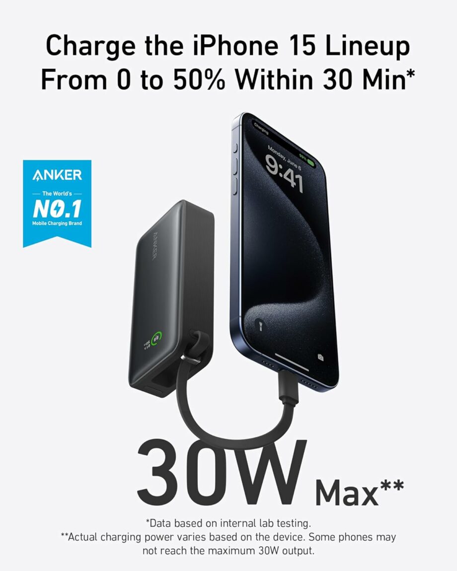 Anker Nano 10,000mAh 30W PD Power Bank with Built-in USB-C Cable - Black Stone