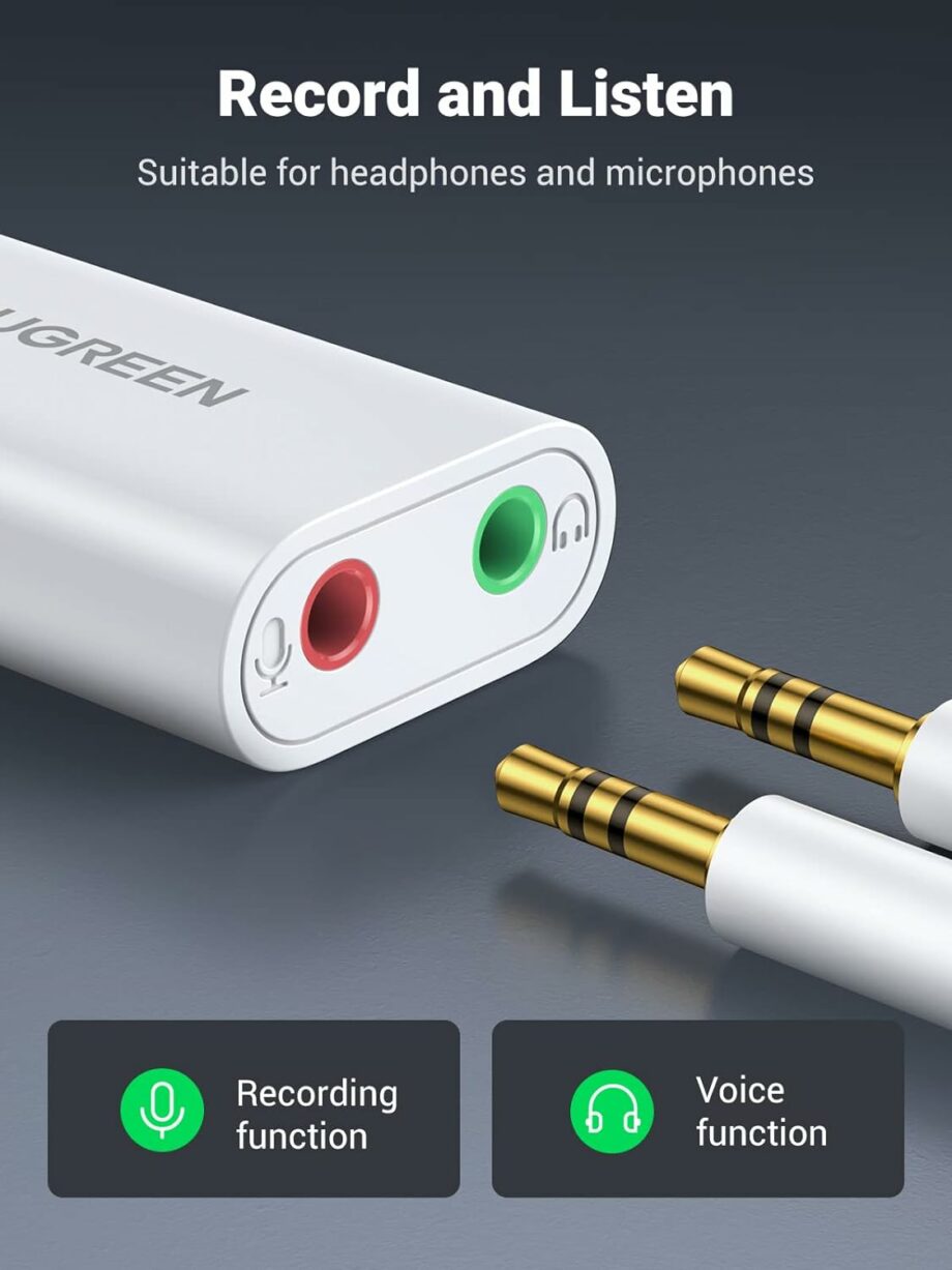 UGREEN USB to Dual TRS 3-Pole 3.5mm Headphone and Microphone Audio Jack Sound Card Adapter