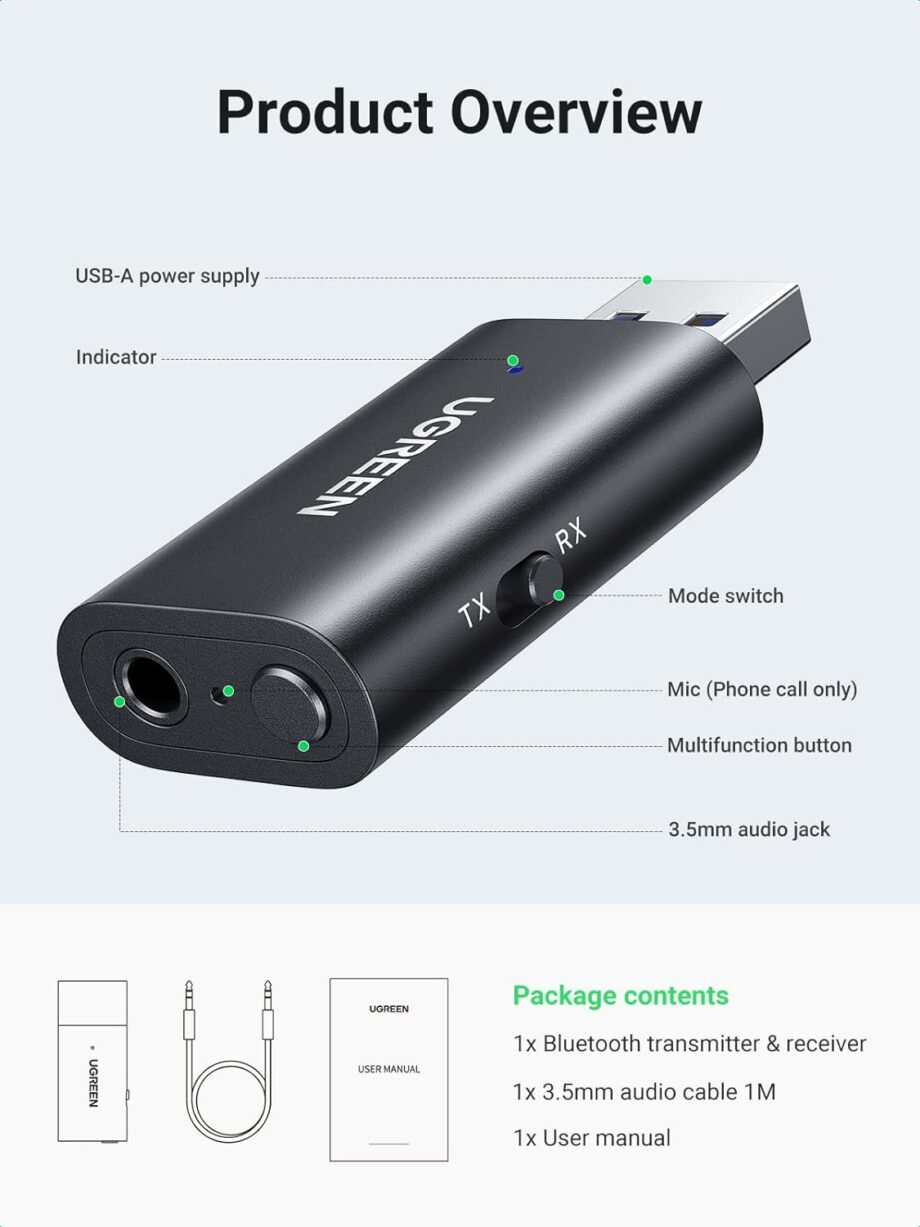 UGREEN 2 in 1 Transmitter/Receiver Bluetooth 5.1 USB Adapter with Built-in Microphone