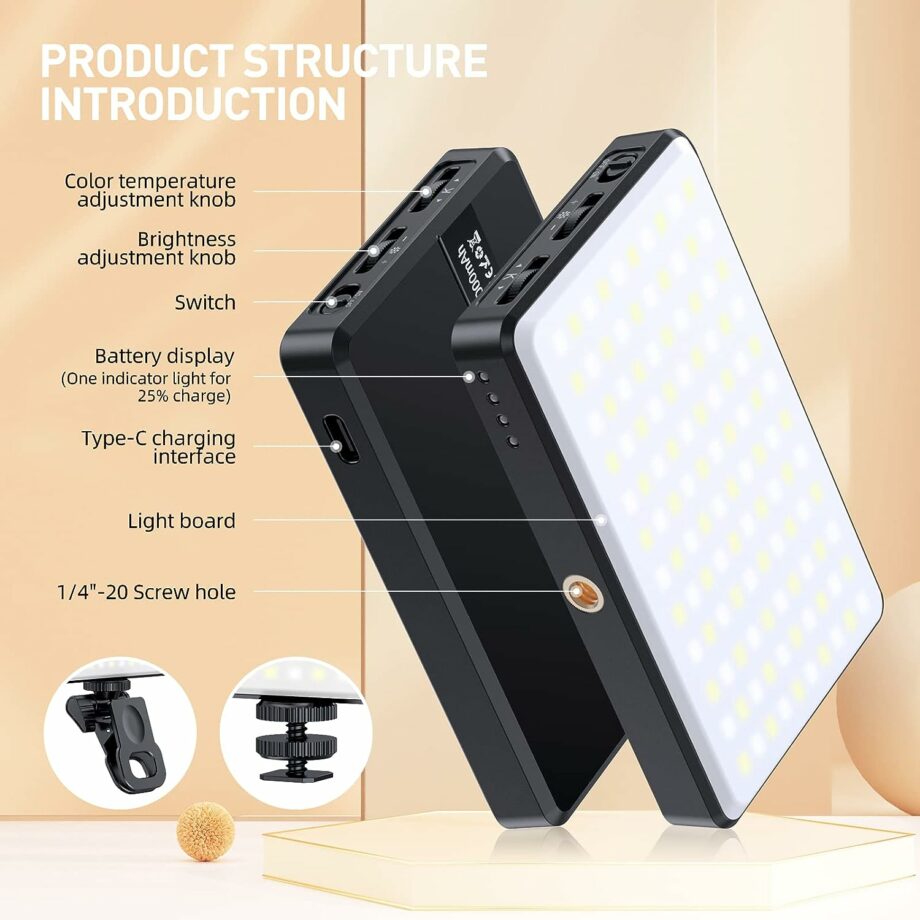 Meixitoy 120 LED Selfie Phone Light with 5000Mah Rechargeable Clip Video Light & Adjusted 3 Light Modes