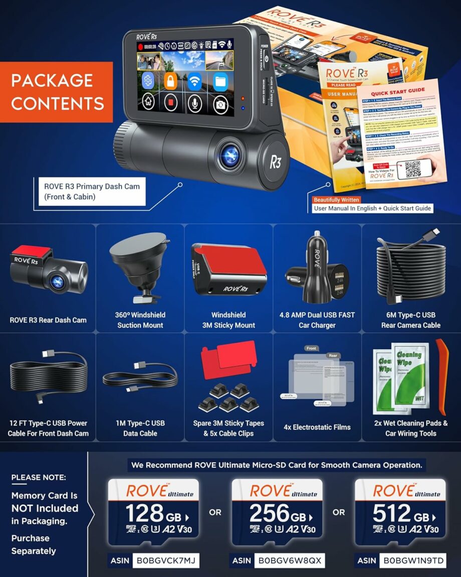 ROVE R3 3-in-1 (Front and Rear with Cabin) 3” IPS Touch Screen Dash Cam