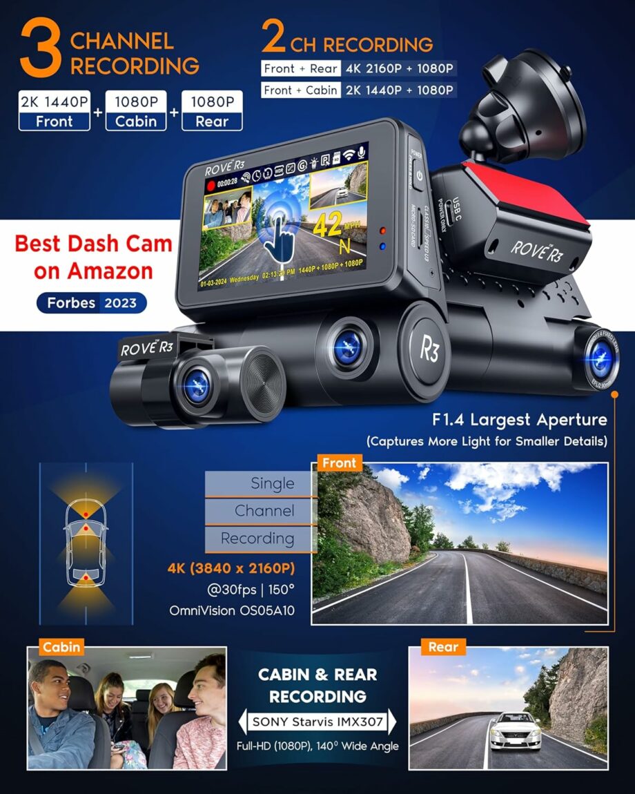 ROVE R3 3-in-1 (Front and Rear with Cabin) 3” IPS Touch Screen Dash Cam
