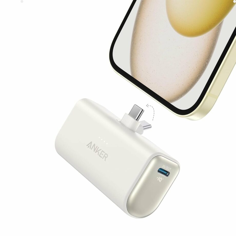 Anker Nano 5,000mAh 22.5W Power Bank with Built-in Foldable USB-C Connector - White