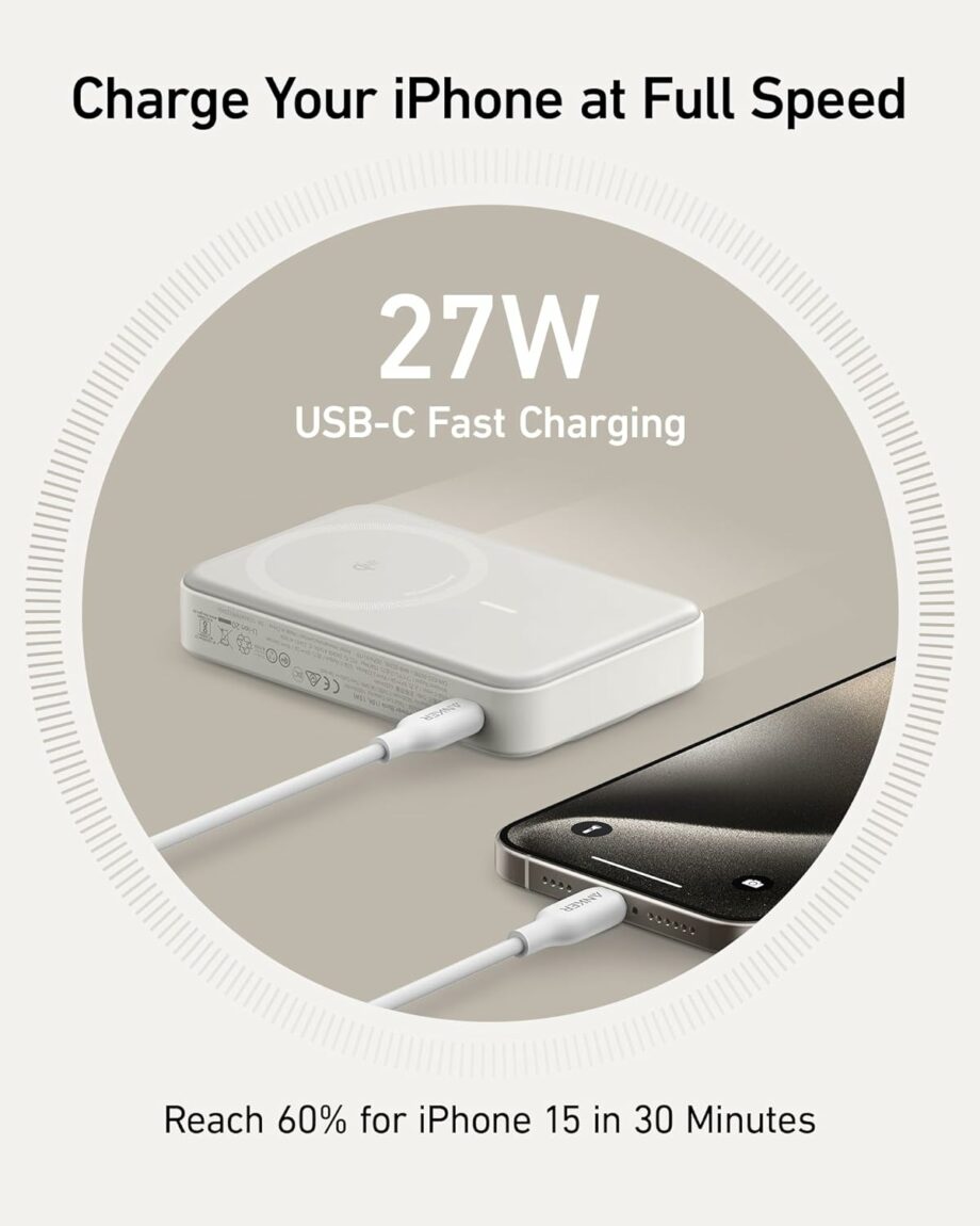 Anker MagGo 10,000mAh 15W Ultra-Fast MagSafe Qi2 Certified Power Bank with Smart Display and Foldable Stand - White