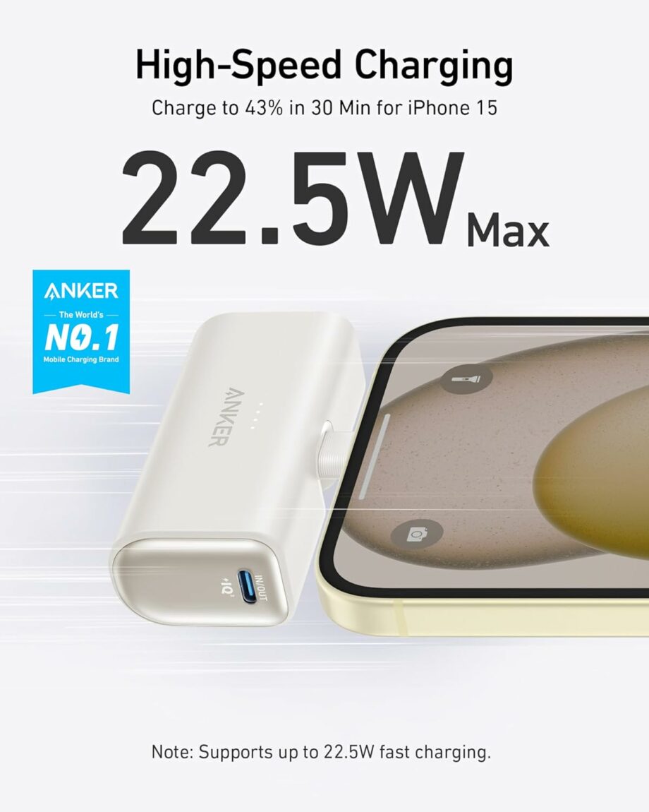 Anker Nano 5,000mAh 22.5W Power Bank with Built-in Foldable USB-C Connector - White