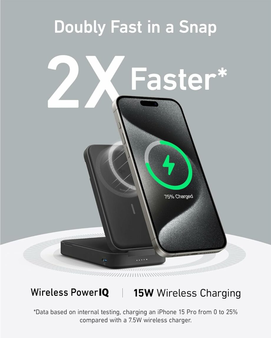 Anker MagGo 6,600mAh 15W Ultra-Fast MagSafe Qi2 Certified Power Bank with Adjustable and Foldable Stand - Black