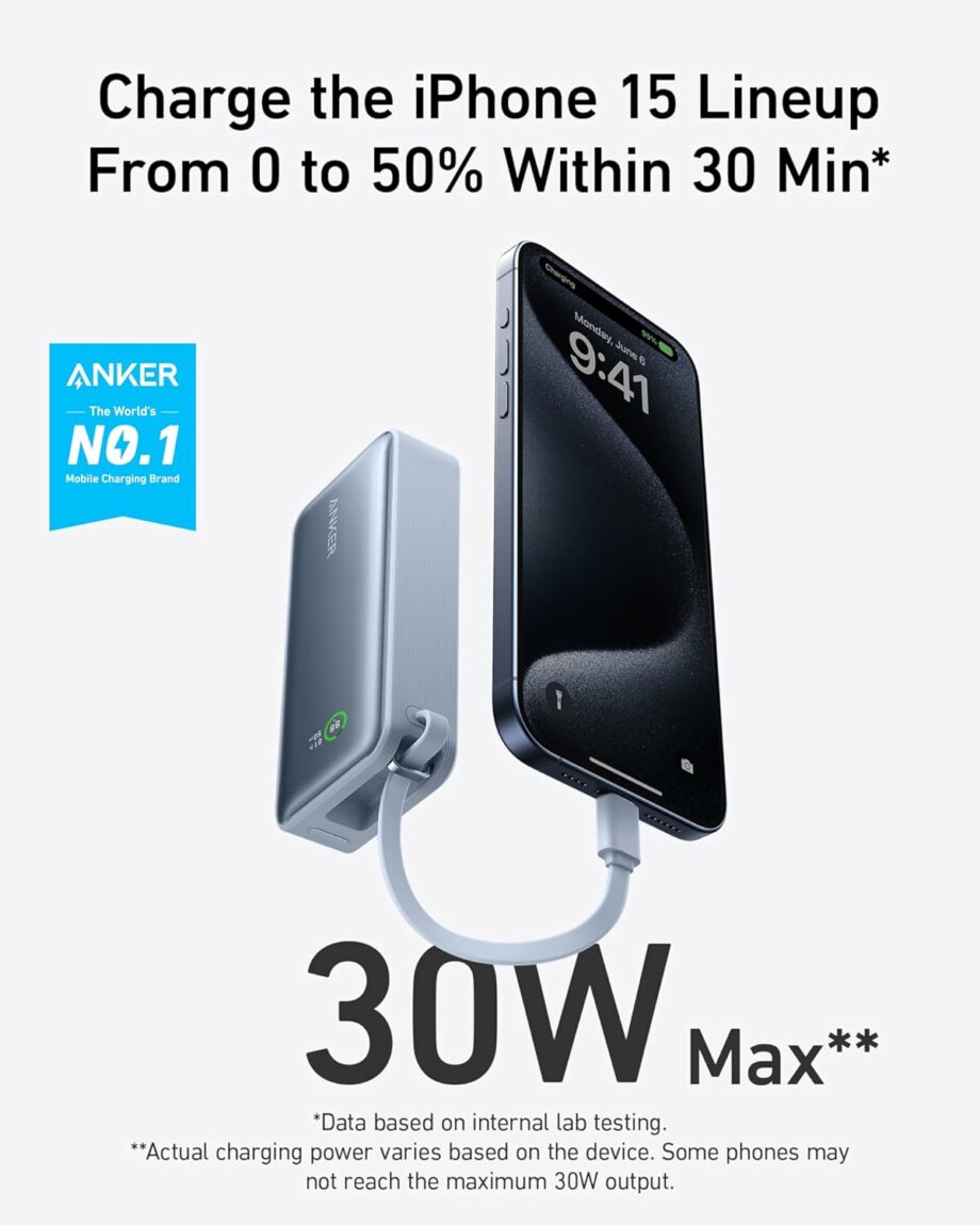 Anker Nano 10,000mAh 30W PD Power Bank with Built-in USB-C Cable - Ice Lake Blue