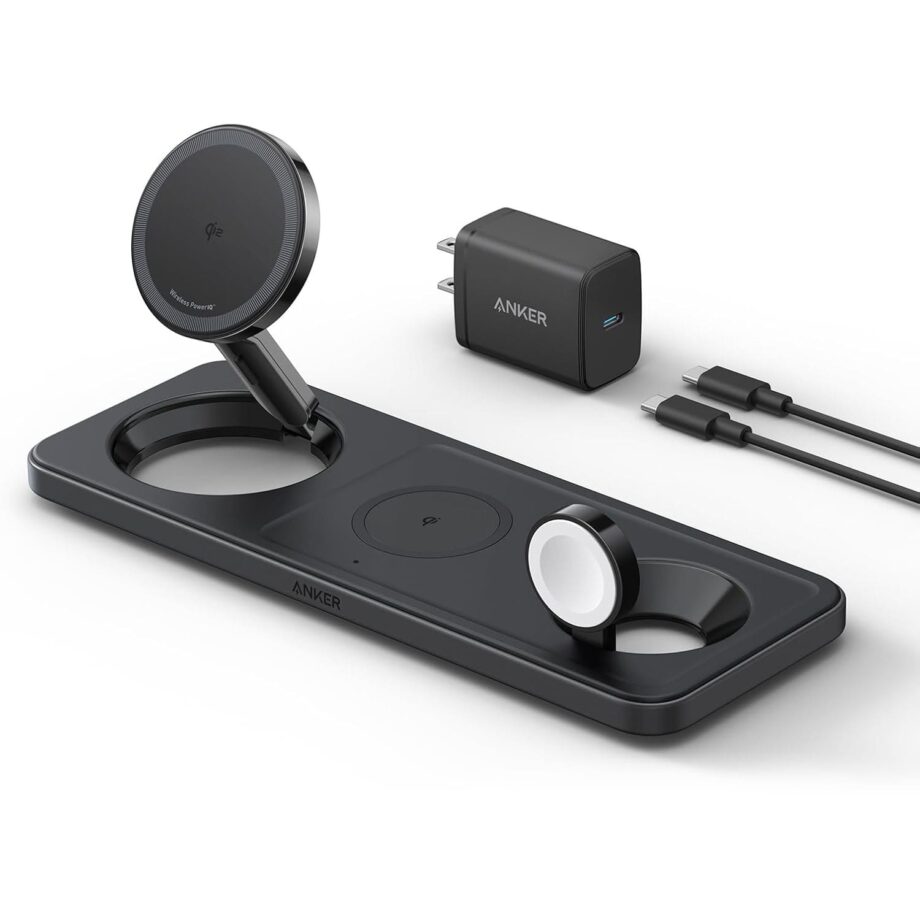 Anker Foldable 3-in-1 Wireless Charging Station Qi2 Certified 15W Ultra-Fast Wireless Charger (USB-C Charger and Cable Included)