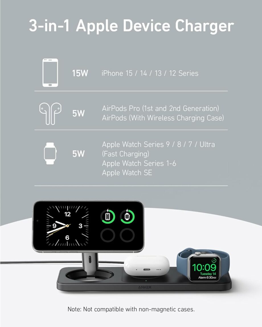 Anker Foldable 3-in-1 Wireless Charging Station Qi2 Certified 15W Ultra-Fast Wireless Charger (USB-C Charger and Cable Included)
