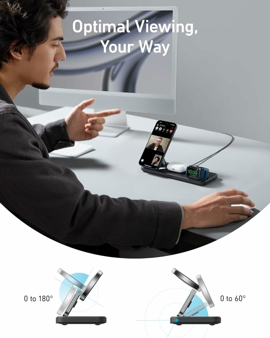 Anker Foldable 3-in-1 Wireless Charging Station Qi2 Certified 15W Ultra-Fast Wireless Charger (USB-C Charger and Cable Included)