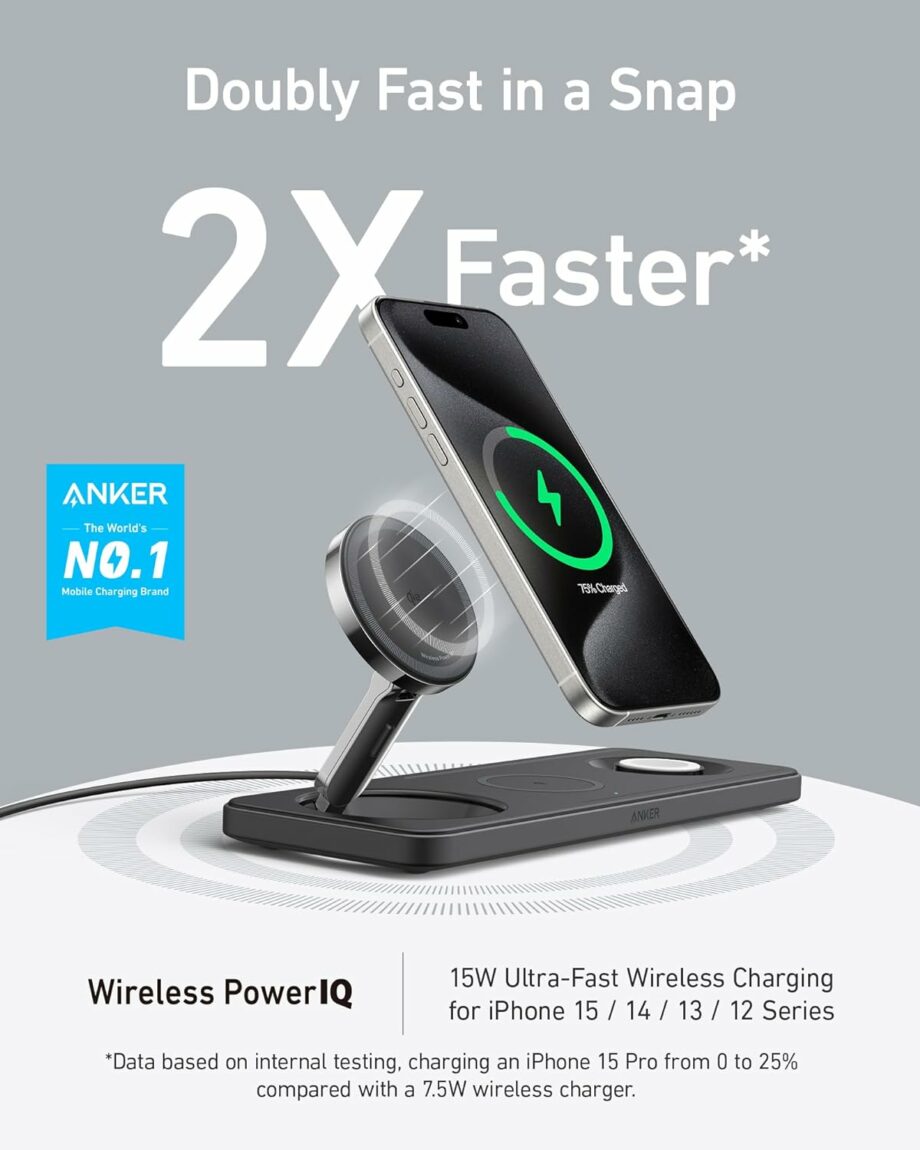 Anker Foldable 3-in-1 Wireless Charging Station Qi2 Certified 15W Ultra-Fast Wireless Charger (USB-C Charger and Cable Included)
