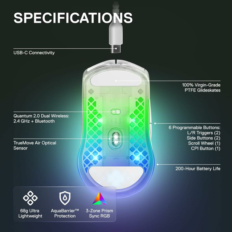 SteelSeries Aerox 3 Wireless Ultra-lightweight Holey RGB Gaming Mouse - Ghost