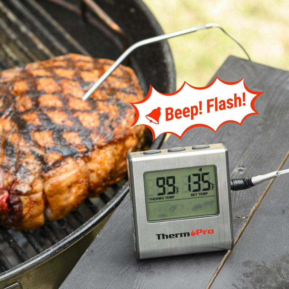 ThermoPro TP-16 Large LCD Digital Cooking Thermometer Clock Timer with Stainless Steel Probe
