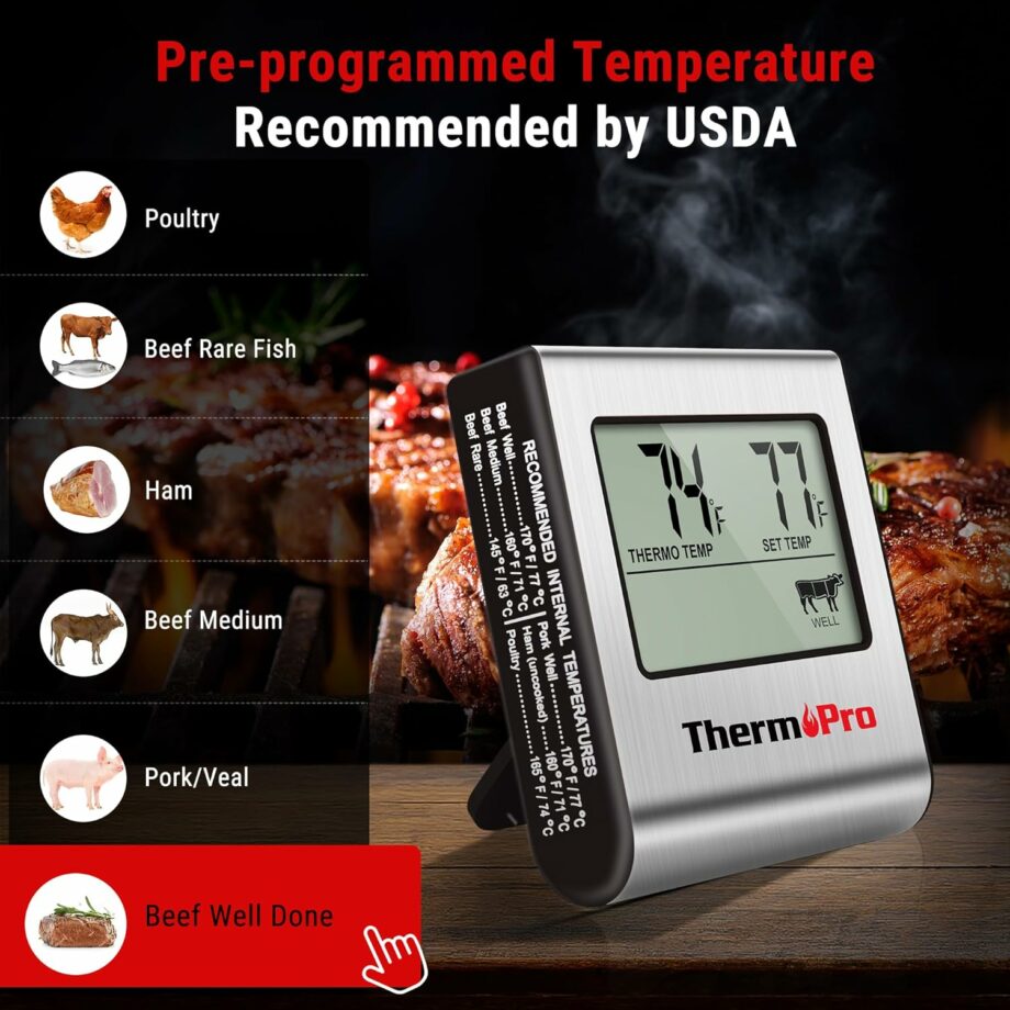 ThermoPro TP-16 Large LCD Digital Cooking Thermometer Clock Timer with Stainless Steel Probe