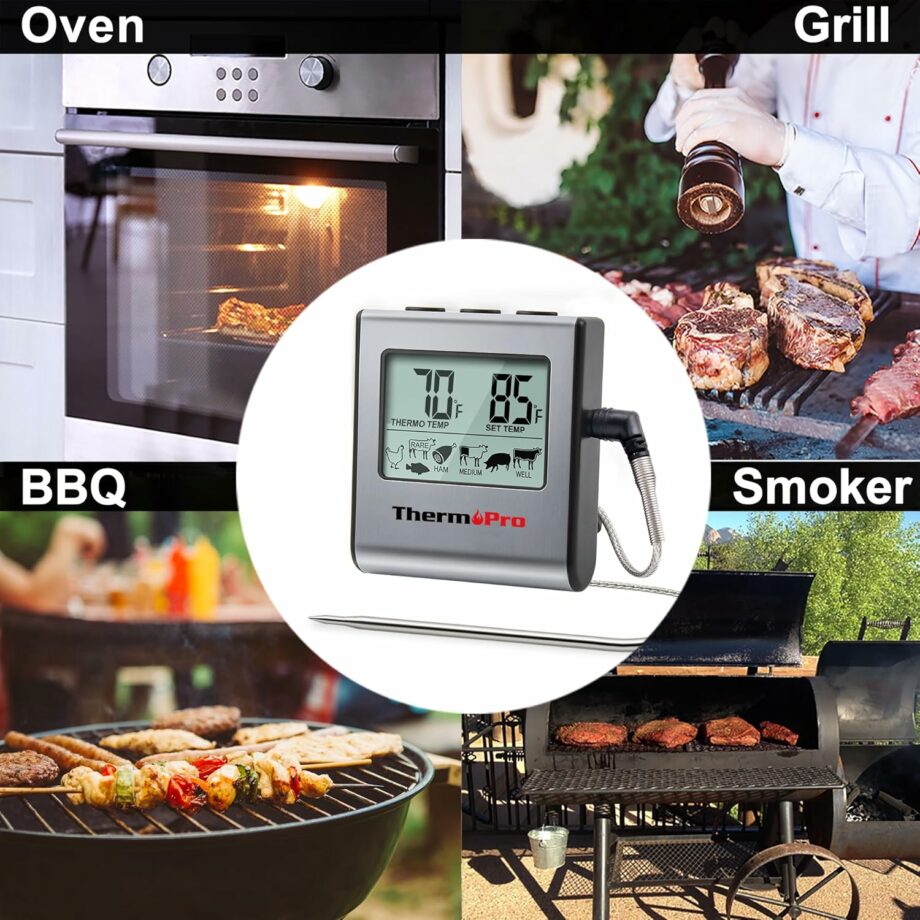 ThermoPro TP-16 Large LCD Digital Cooking Thermometer Clock Timer with Stainless Steel Probe