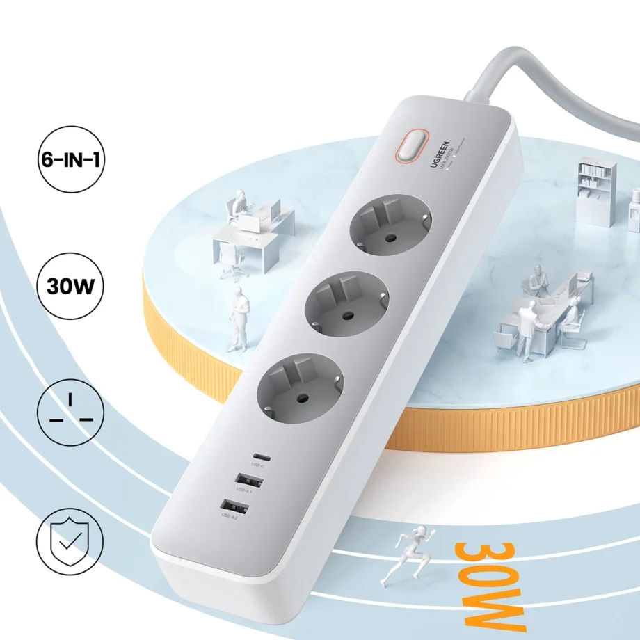 UGREEN 6-in-1 Power Strip 3x AC 2x USB-A 1x USB-C 30W with switch - 2M
