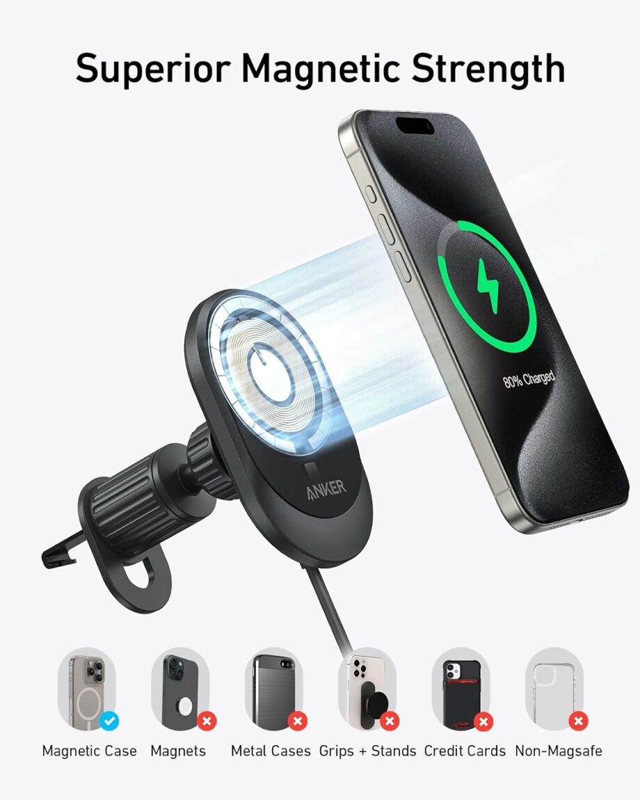 Anker MagGo Fast 15W MagSafe Wireless Car Charger Bundle with Cable and Charger