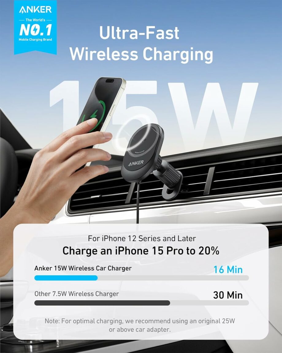 Anker MagGo Fast 15W MagSafe Wireless Car Charger Bundle with Cable and Charger