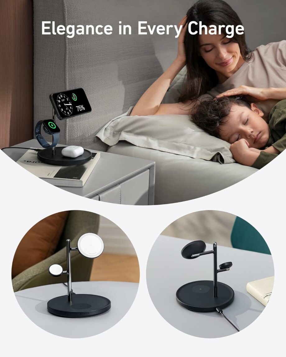 Anker MagGo 3 in 1 MagSafe-Compatible 15W Wireless Charging Stand - Black