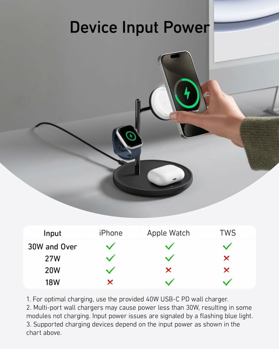 Anker MagGo 3 in 1 MagSafe-Compatible 15W Wireless Charging Stand - Black