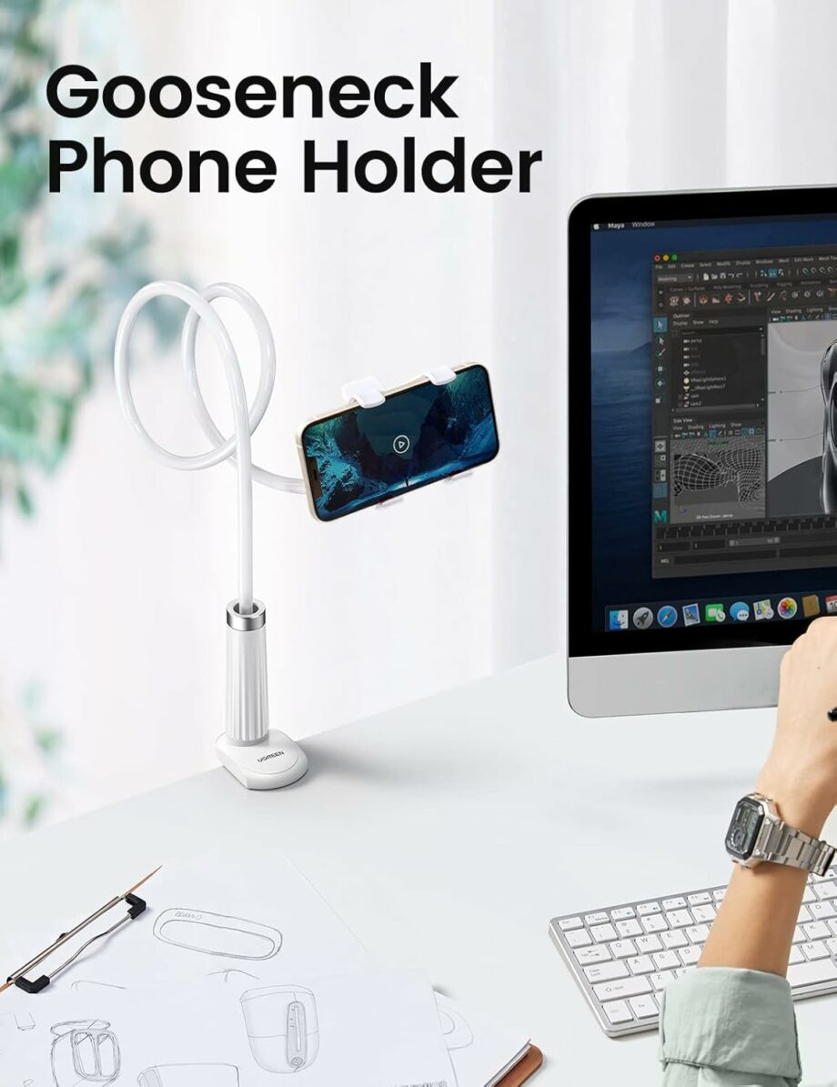UGREEN Gooseneck Clip 90cm Flexible Lazy Long Arm Phone Holder  - White