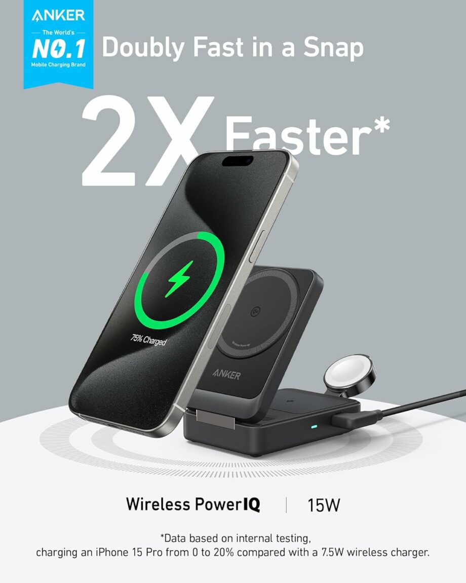 Anker MagGo 3-in-1 Qi2 Certified 15W MagSafe Charging Station with 40W USB-C Charger - Black