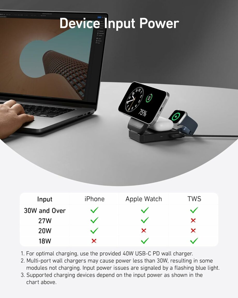 Anker MagGo 3-in-1 Qi2 Certified 15W MagSafe Charging Station with 40W USB-C Charger - Black