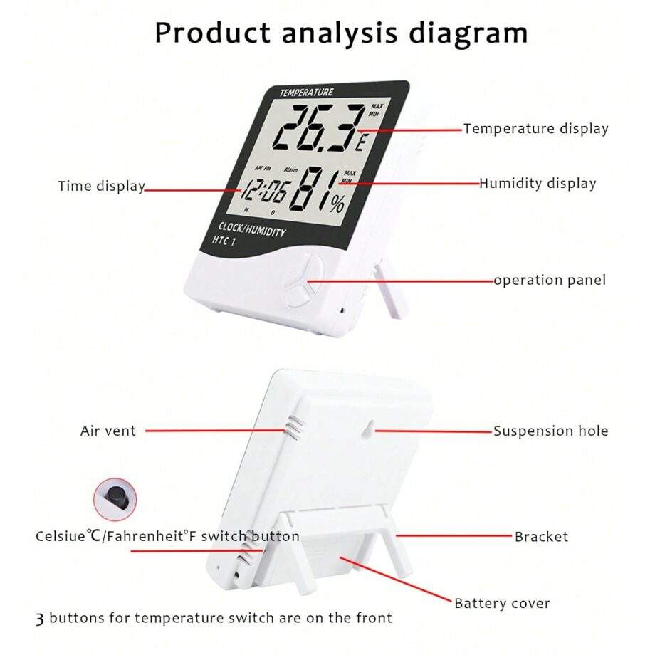 Large Digital Indoor/Outdoor Thermometer with Humidity Monitor, Clock, Alarm & Calendar