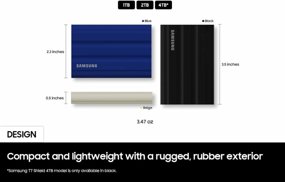 Samsung T7 Shield 4TB Rugged Water & Dust Resistant 1050MB/s Portable SSD - Black