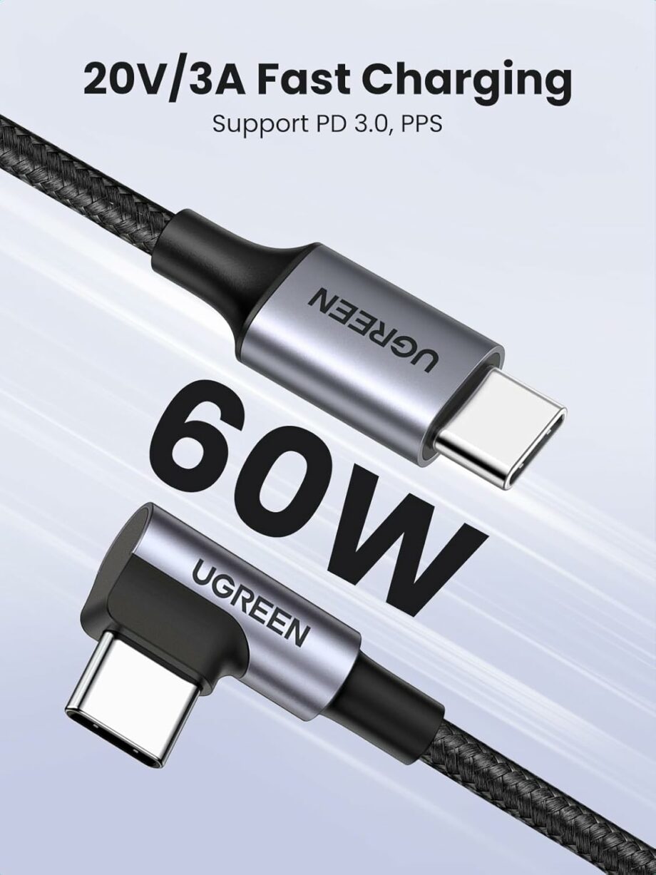UGREEN 90 Degree 60W Braided USB C to USB C Cable 3M - Black