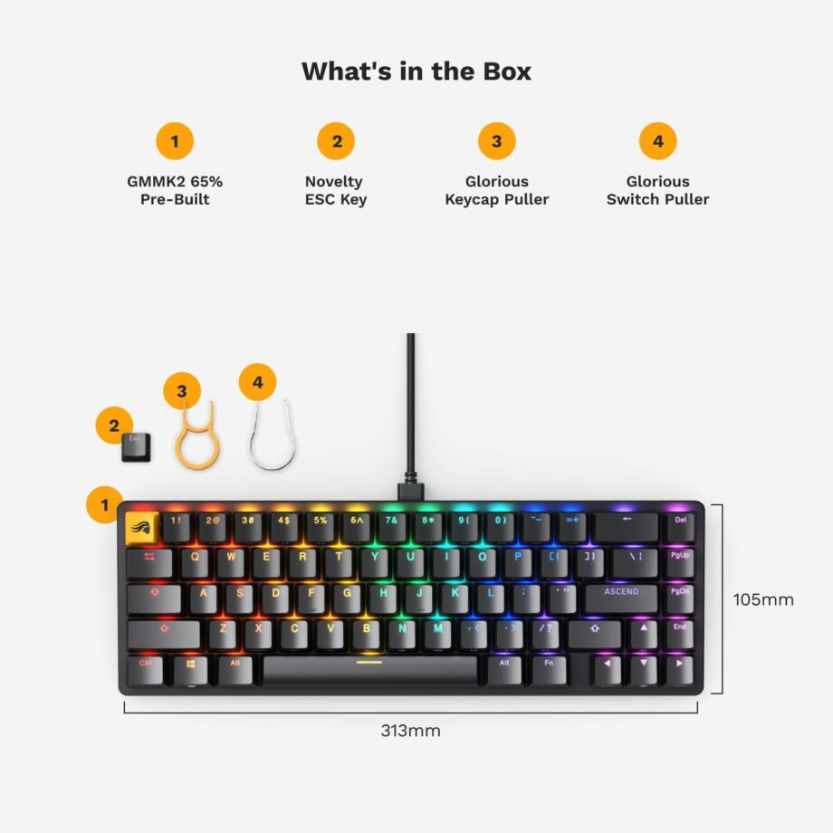 Glorious Gaming GMMK 2-65 Percent Keyboard Included Double Shot Keycaps & Linear Switches - Black