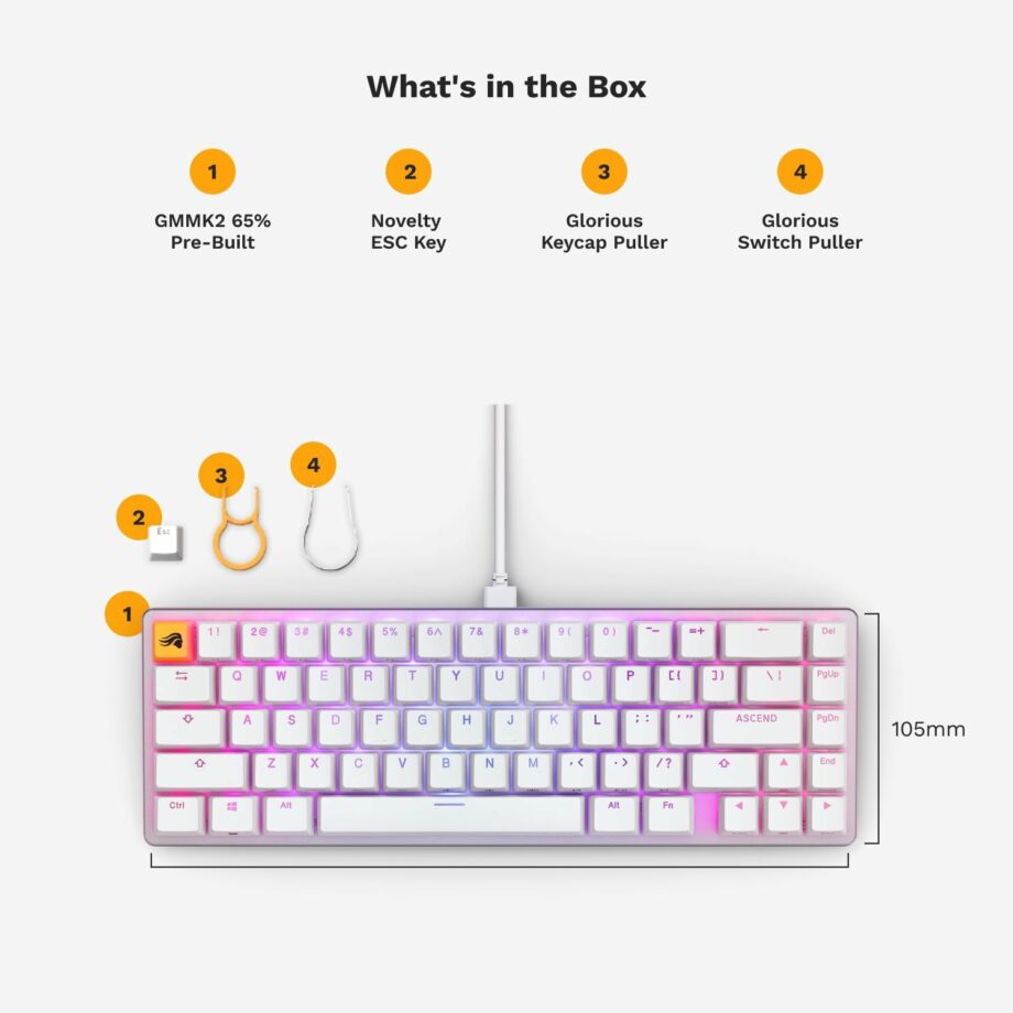 Glorious Gaming GMMK 2-65 Percent Keyboard Included Double Shot Keycaps & Linear Switches - White