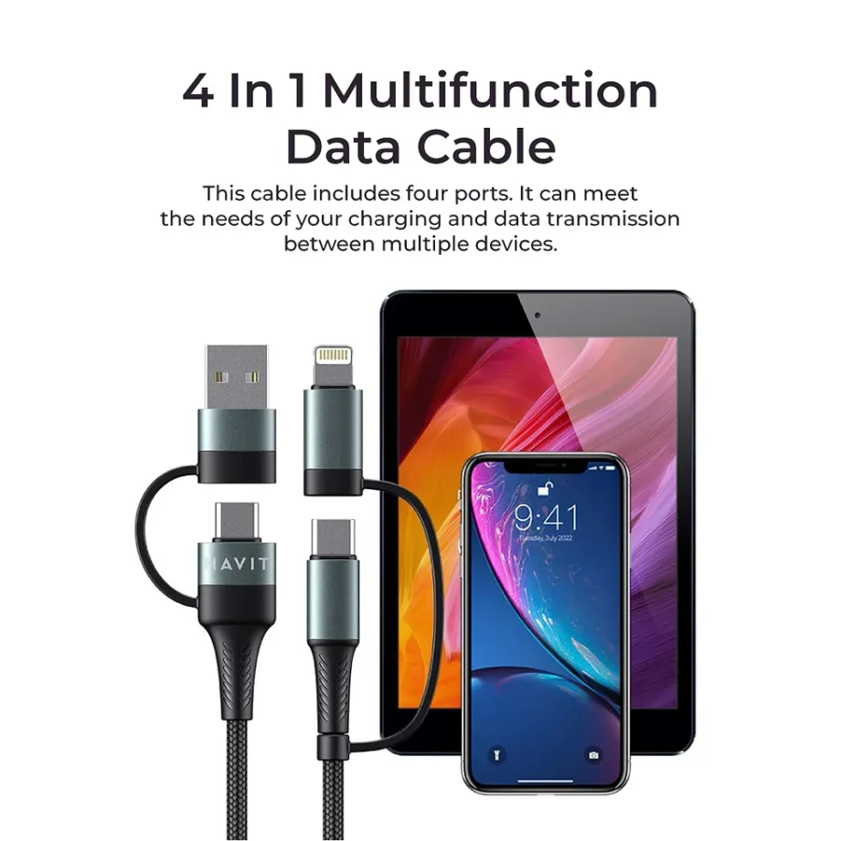 Havit 4-In-1 60W USB-C to USB-A and USB-C to Lightning Multi Charging Cable - 1M