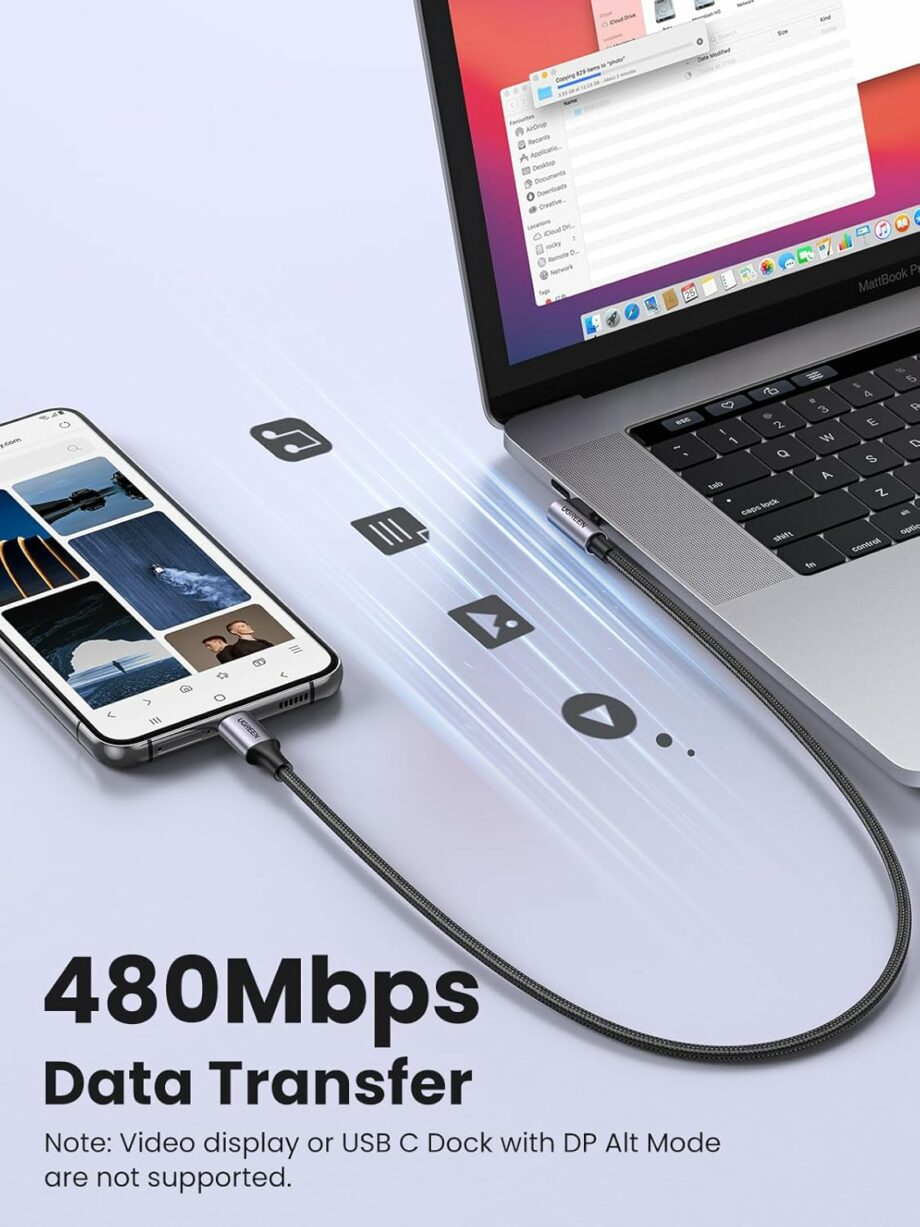 UGREEN 90 Degree 60W Braided USB C to USB C Cable 3M - Black