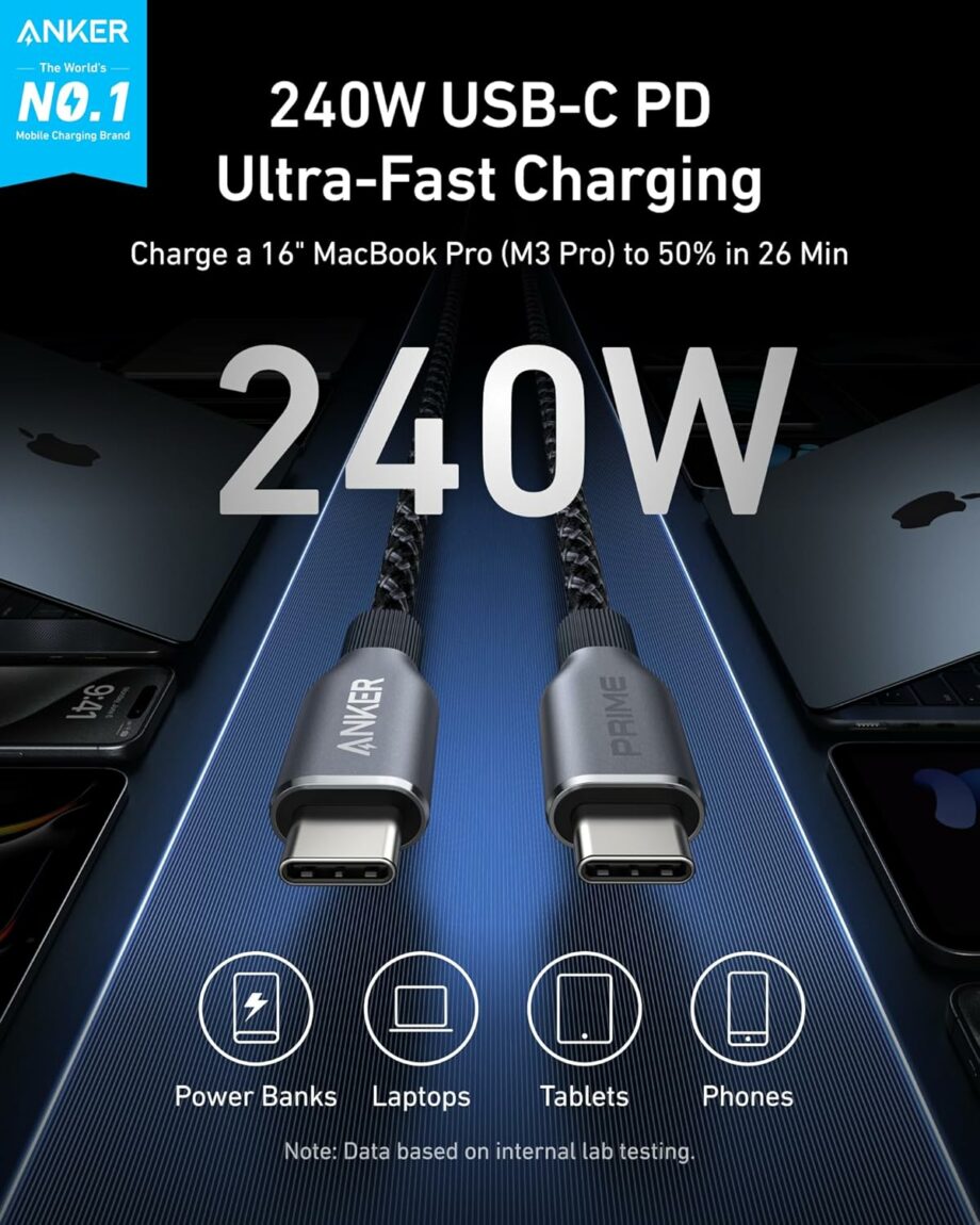 Anker Prime 240W Upcycled-Braided Nylon with 100-Year Bend Durability USB C to USB C Cable - 1.8M
