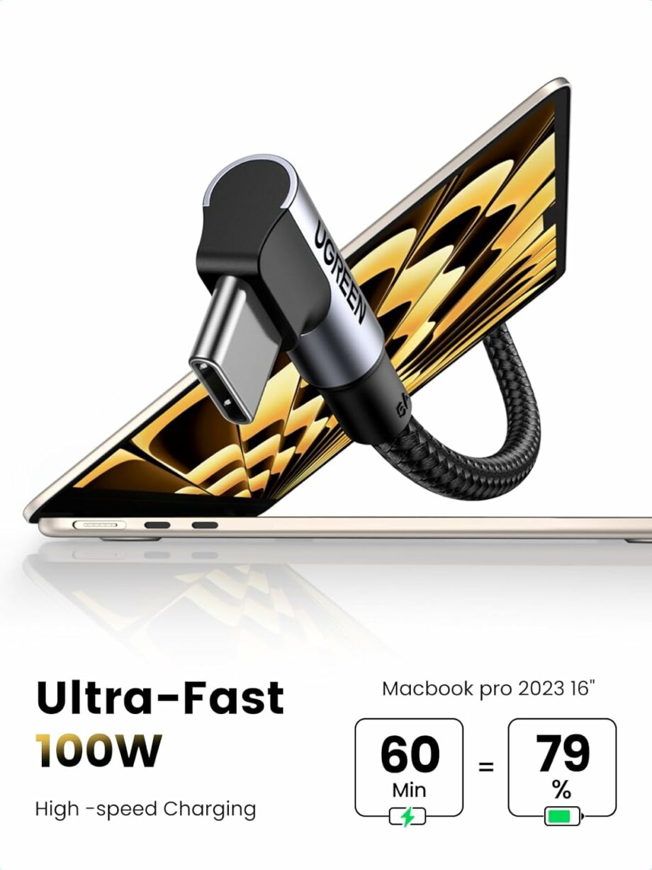 UGREEN 90 Degree Braided 100W Braided USB C to USB C Cable 3M - Black