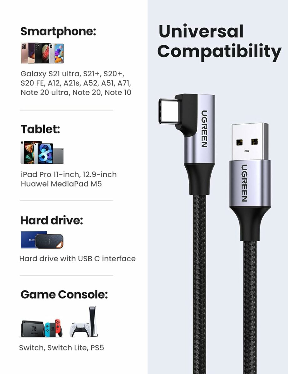 UGREEN USB 3.0 5Gbps 90 Degree Braided USB C Cable - 1M