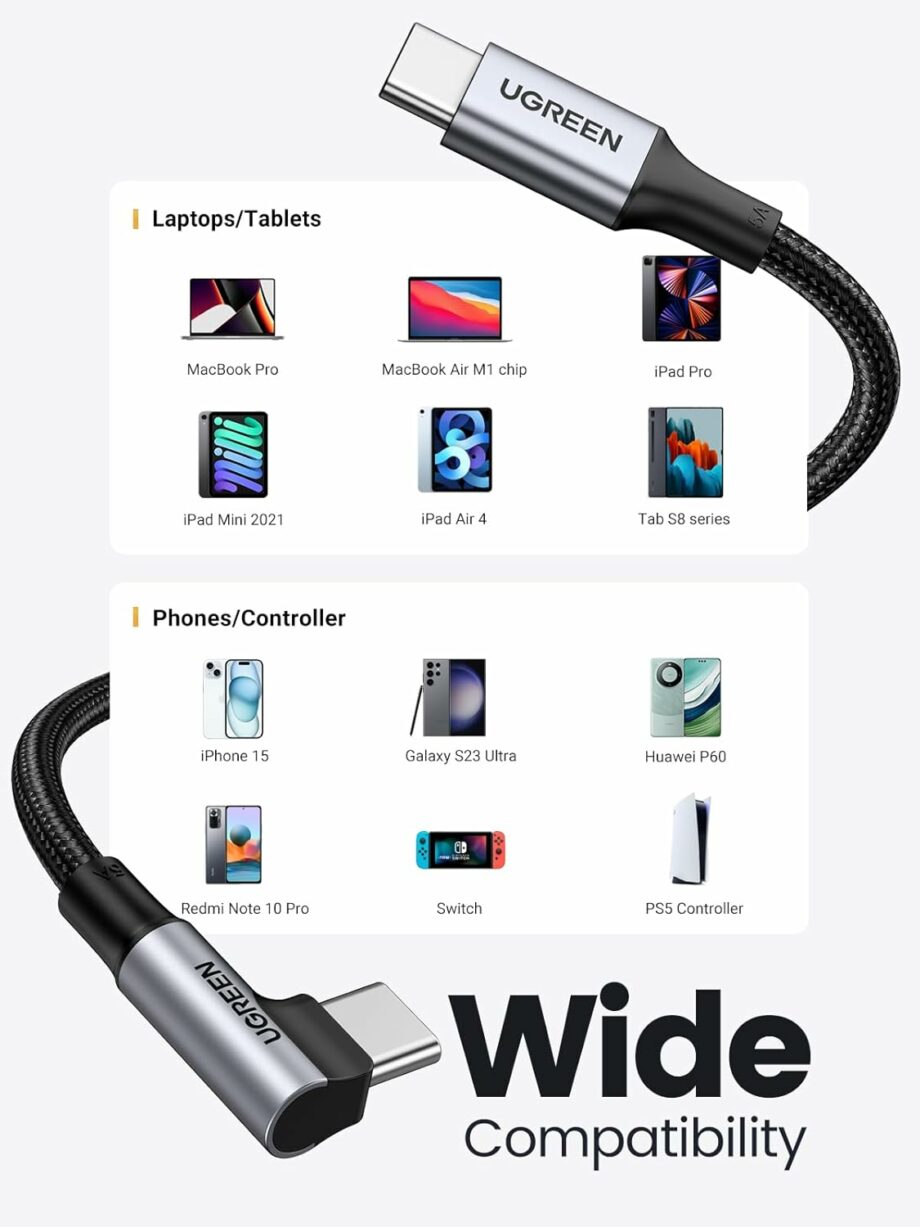 UGREEN 90 Degree Braided 100W Braided USB C to USB C Cable 3M - Black