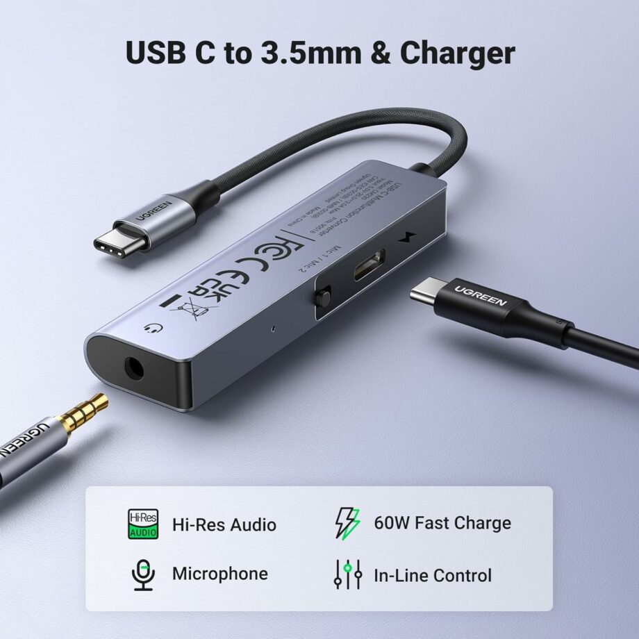 UGREEN USB C to 3.5mm Headphone Metallic DAC Hi-Res and 60W Charger Adapter