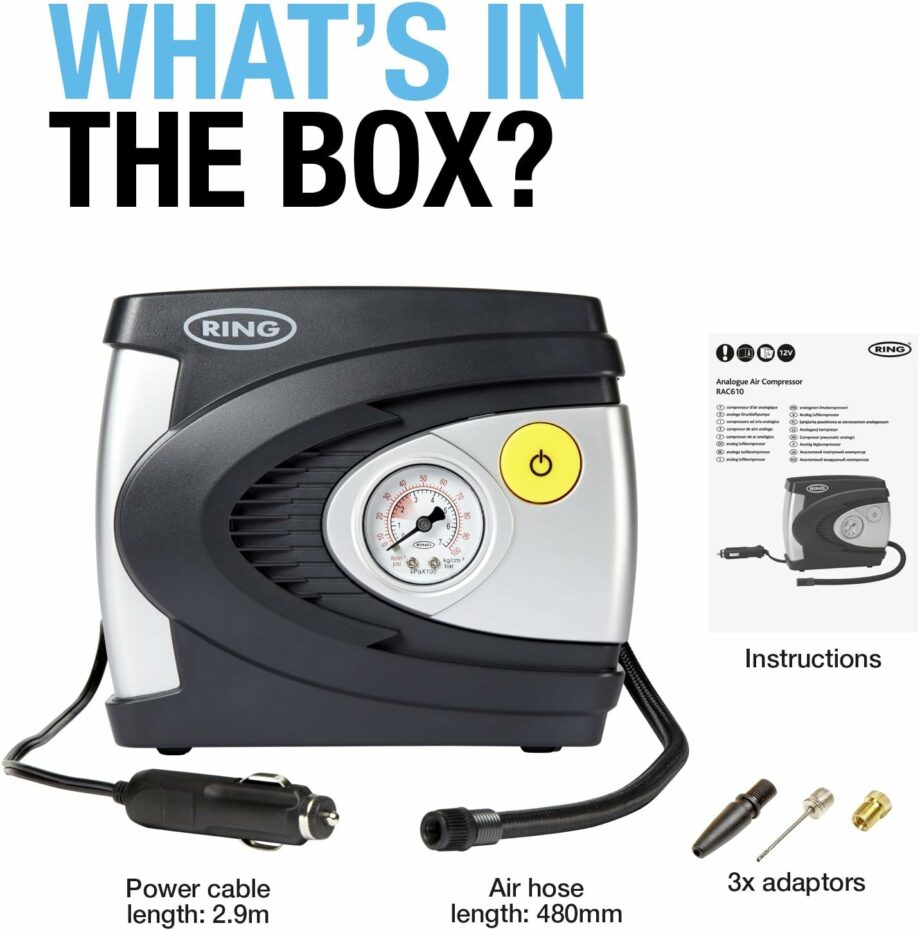 Ring Automotive RAC610 12v Electric Tyre Inflator with Pressure Gauge