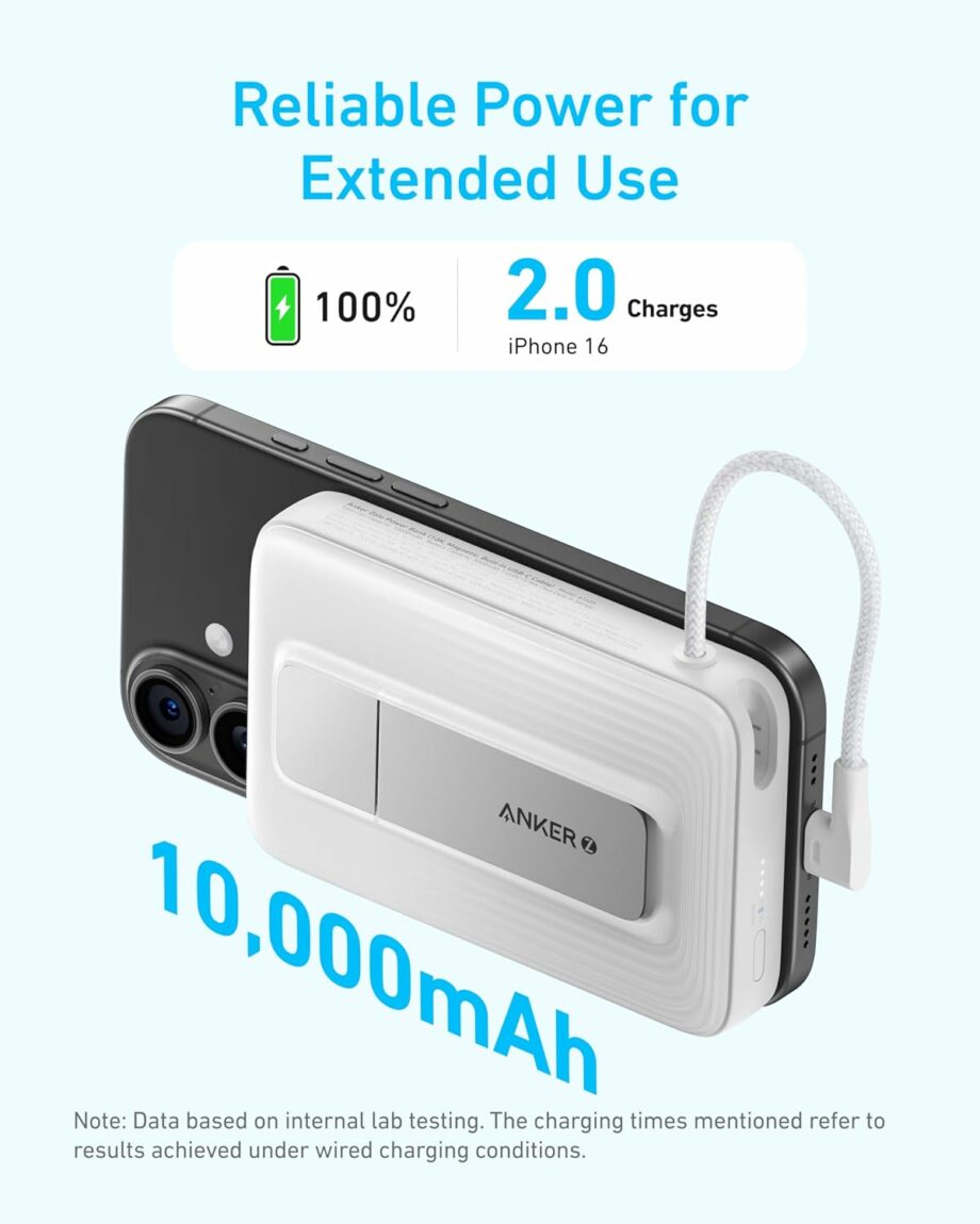 Anker Zolo 30W 10,000mAh Magnetic Wireless Power Bank with Built-in USB-C Cable and Adjustable Stand - Black