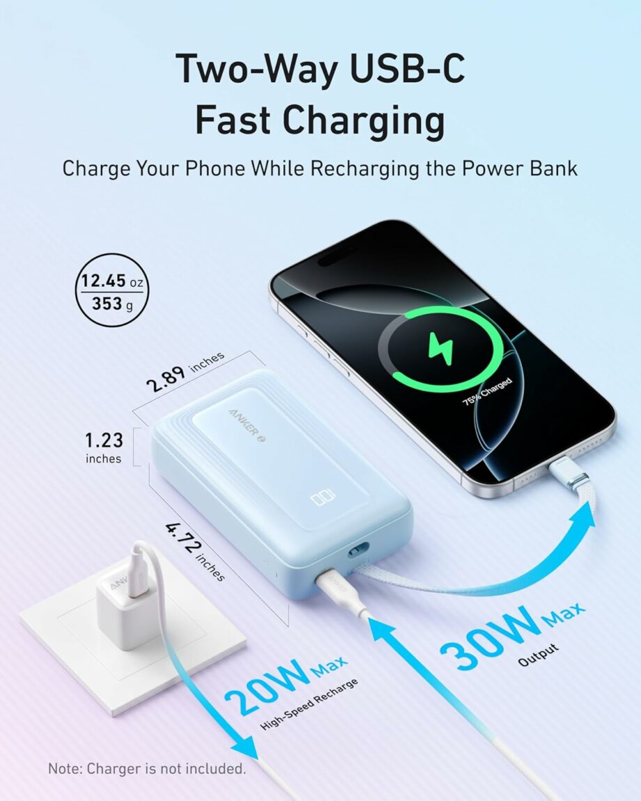 Anker Zolo 20,000mAh 30W Power Bank with Built-in USB-C Cable - Black