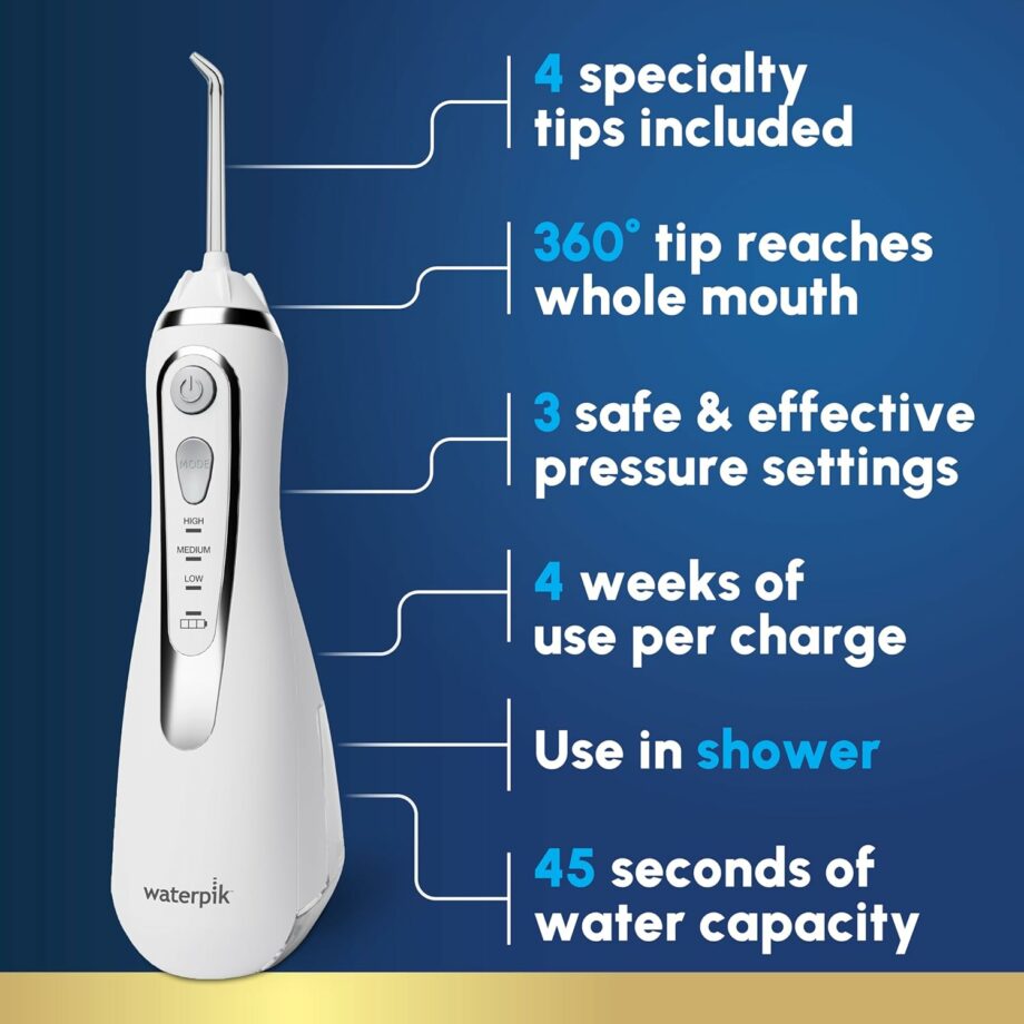 Waterpik Cordless Advanced 2.0 Rechargeable Portable ADA Accepted Water Flosser with Travel Bag and 4 Tips - White
